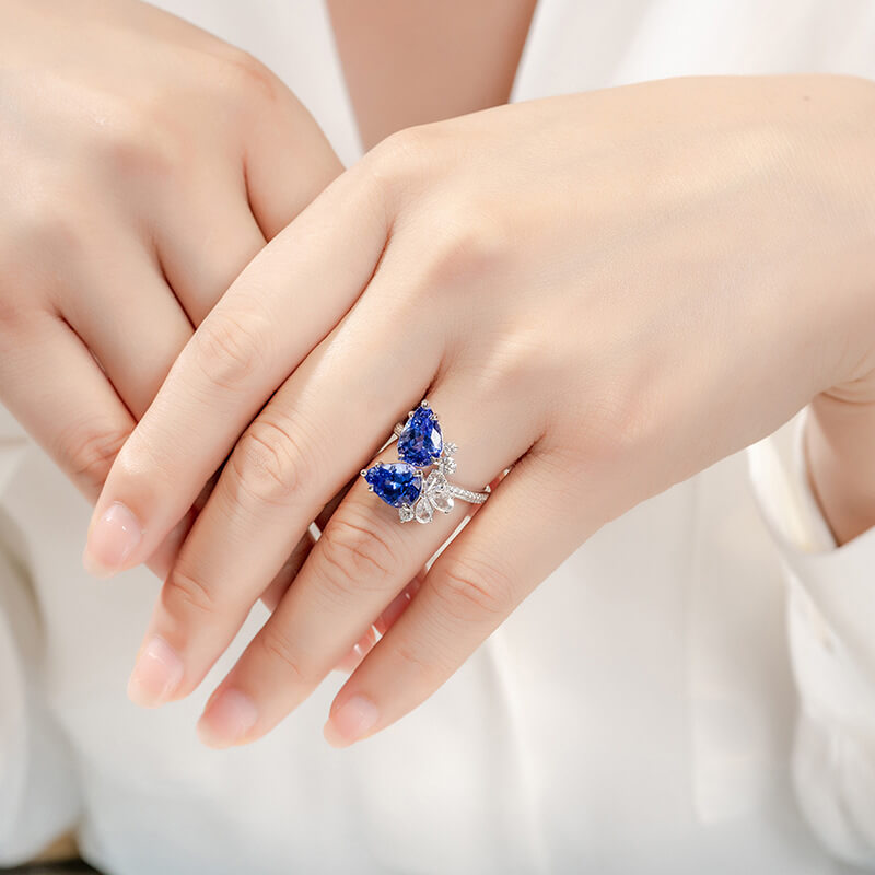 New Temperament Light Luxury Double Diamond Tanzanite Blue Water Drop Pear-shaped Simulation Sapphire Color Treasure Ring