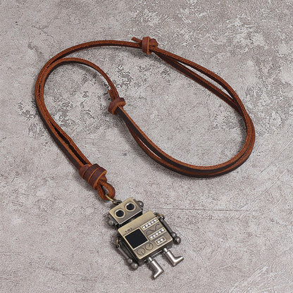 Movable Robot Pendant Leather Necklace