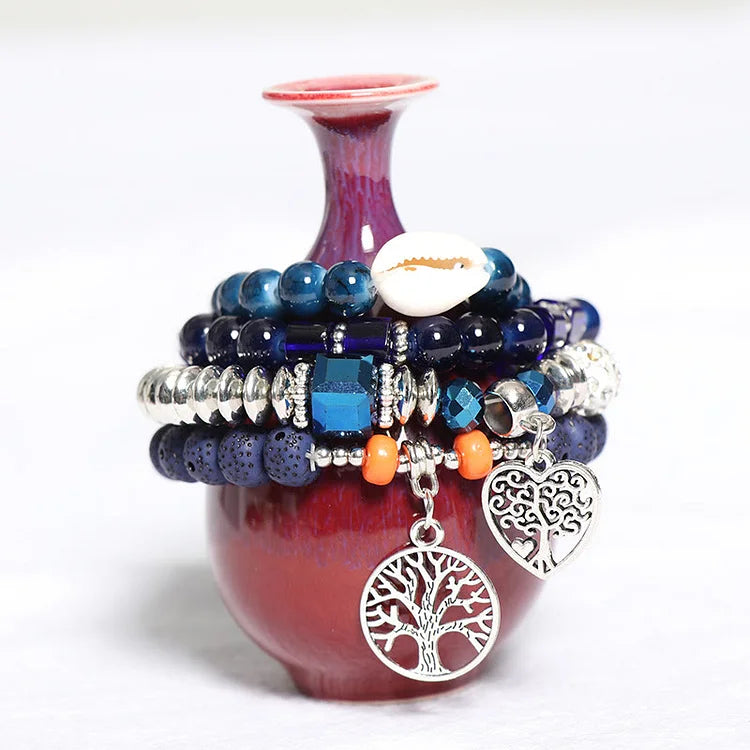 Tree Of Life Heart Pendant Beaded Bracelet Set