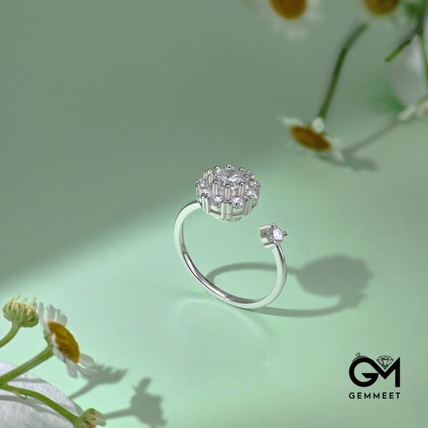 S925 Silver White Round Zircon Flower Ring