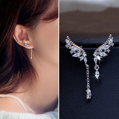 Angel Wings Diamond Asymmetrical Tassel Stud Earrings Women's Long Earrings