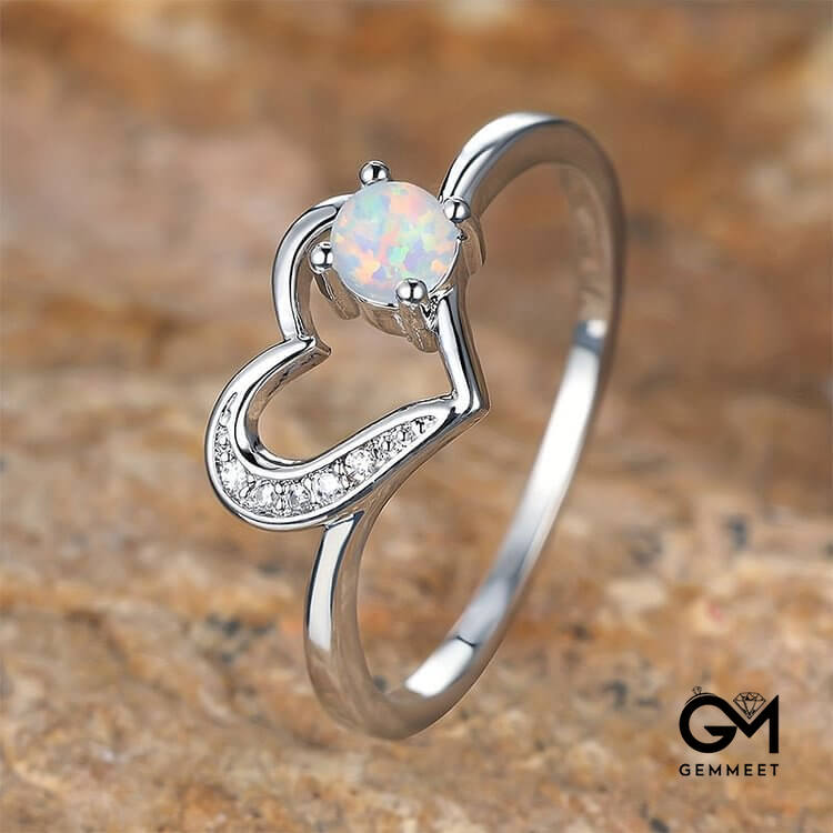 "Deep in Heart" - Simple Circular Opal Hollow Heart Ring