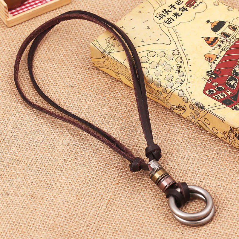 Double Circle Alloy Hardware Vintage Leather Necklace