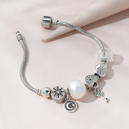 White Zircon Pearl Star Moon Love Lock Key Bracelet