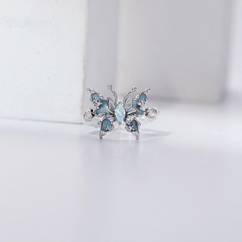 Retro Temperament Blue Oil Drop Butterfly Pearl Ring