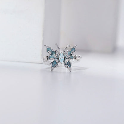 Retro Temperament Blue Oil Drop Butterfly Pearl Ring