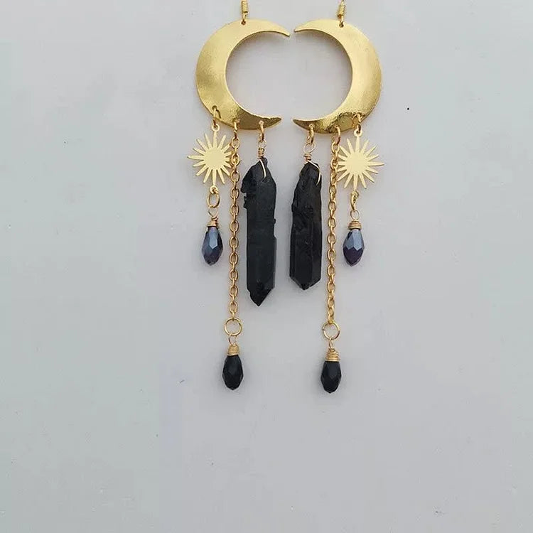 Bohemia Obsidian Sun And Cresent Moon Earrings