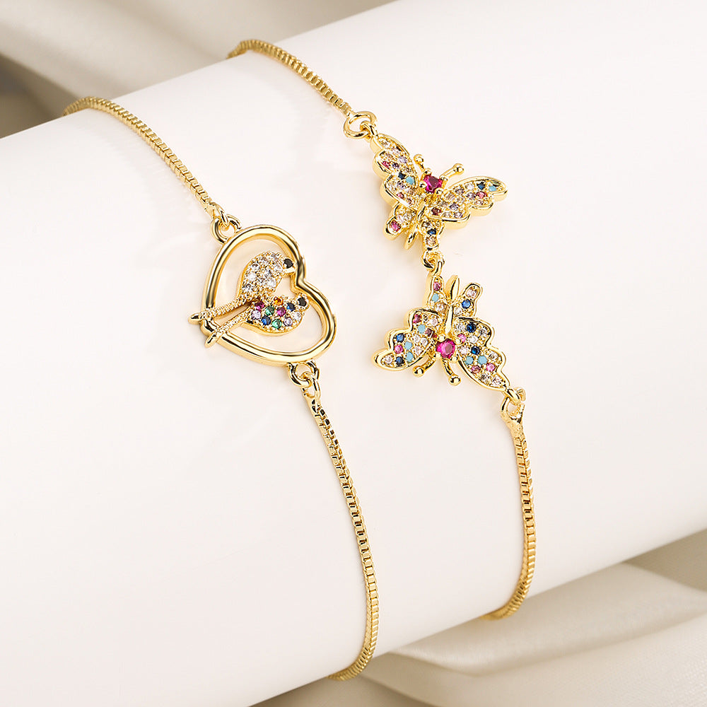 Color Stone Heart & Butterfly Bracelet