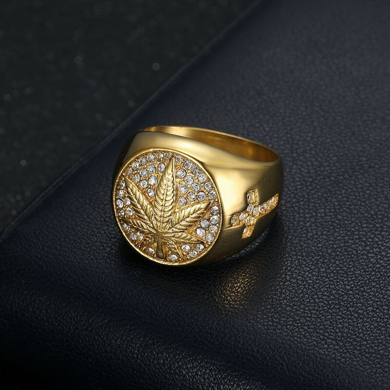 HIPHOP Titanium Steel Gold Maple Leaf Cubic Zirconia Cross Men's Ring