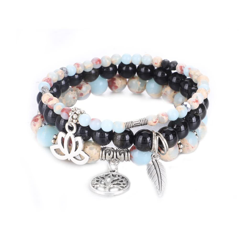 Life of Tree Lotus & Leaf Symbol Obsidian Amazonite Bracelet