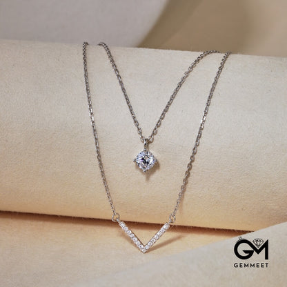 S925 Pure Silver Zircon V-shaped Double Necklace