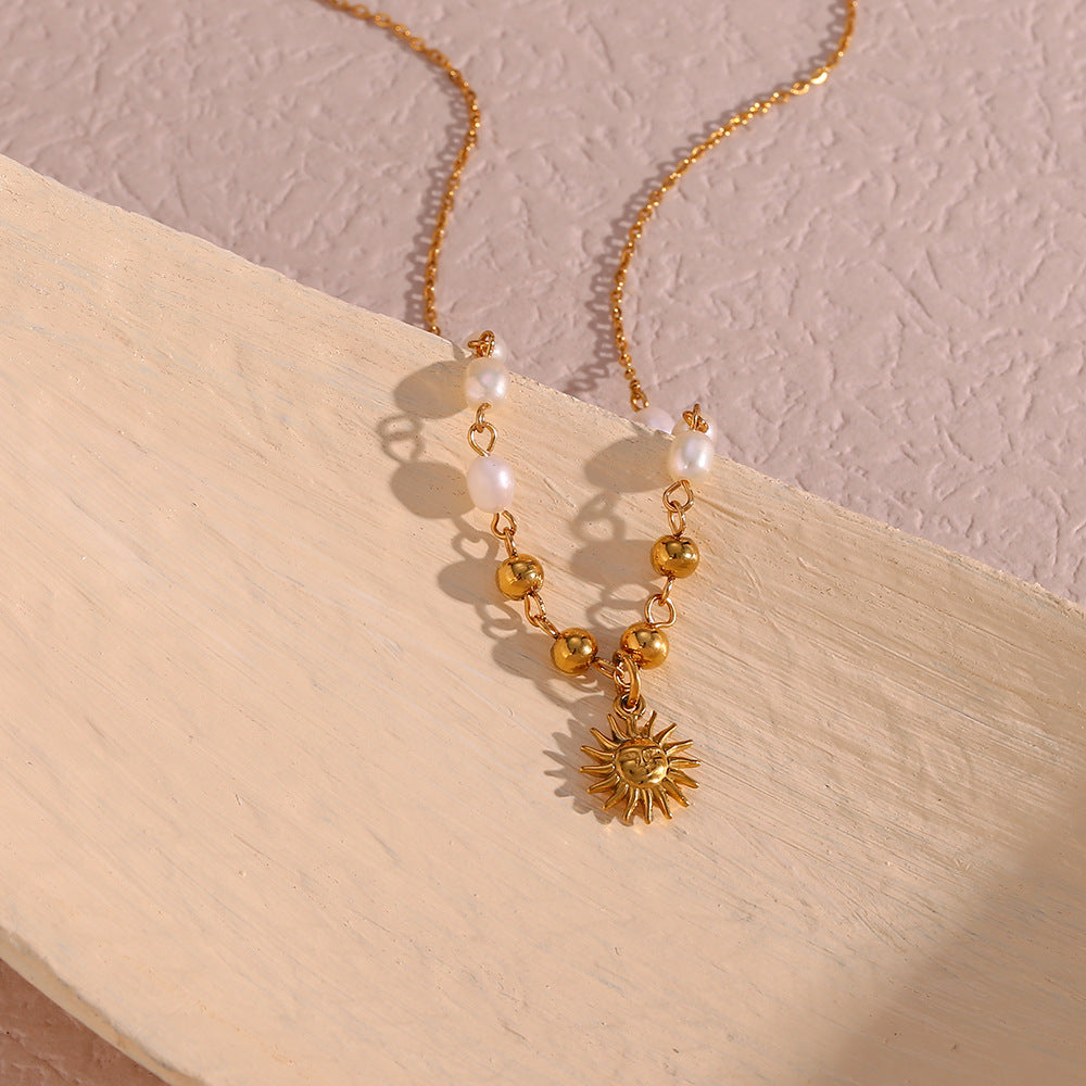 Pearl Gold Beads Sun Pendant Necklace