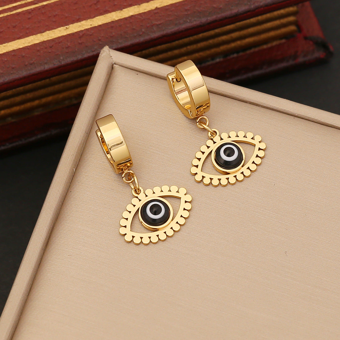 Golden Evil Eye Pendant Cuban Link Bracelet Necklace & Earrings