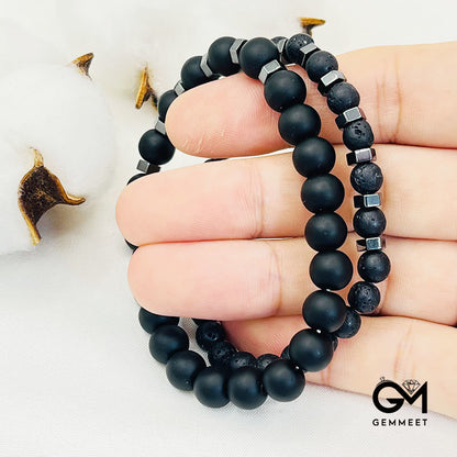 Bead Lava Stone Mens Stretch Set Bracelet