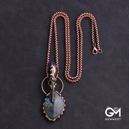 Copper Hummingbird Head Amethyst Labradorite Gemstone Necklace