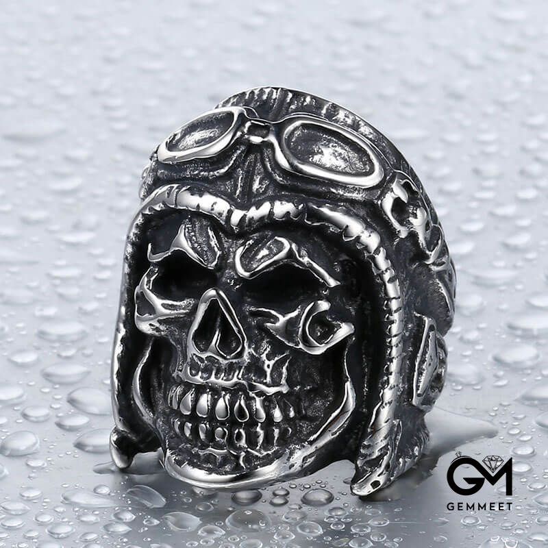 Titanium Steel Punk Engraved Skull Pilot Ring