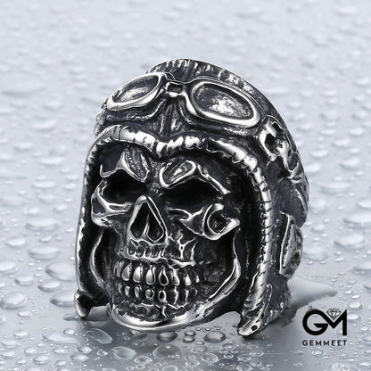 Titanium Steel Punk Engraved Skull Pilot Ring