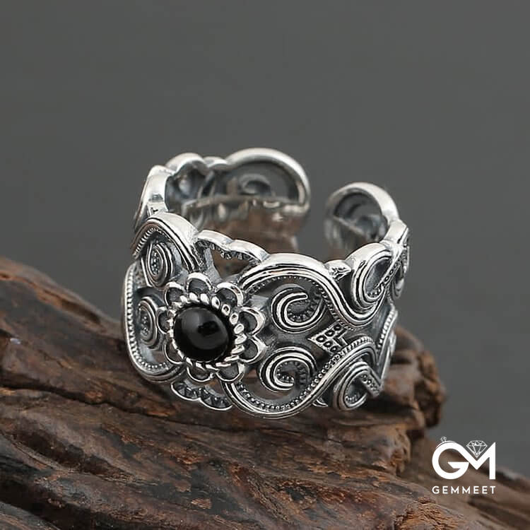 Ethnic Black Onyx Pattern Ring