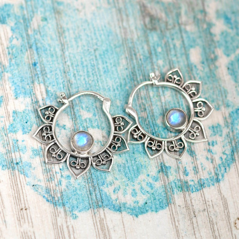 Presale: Boho Hollow Flower Moonstone Hoop Earrings