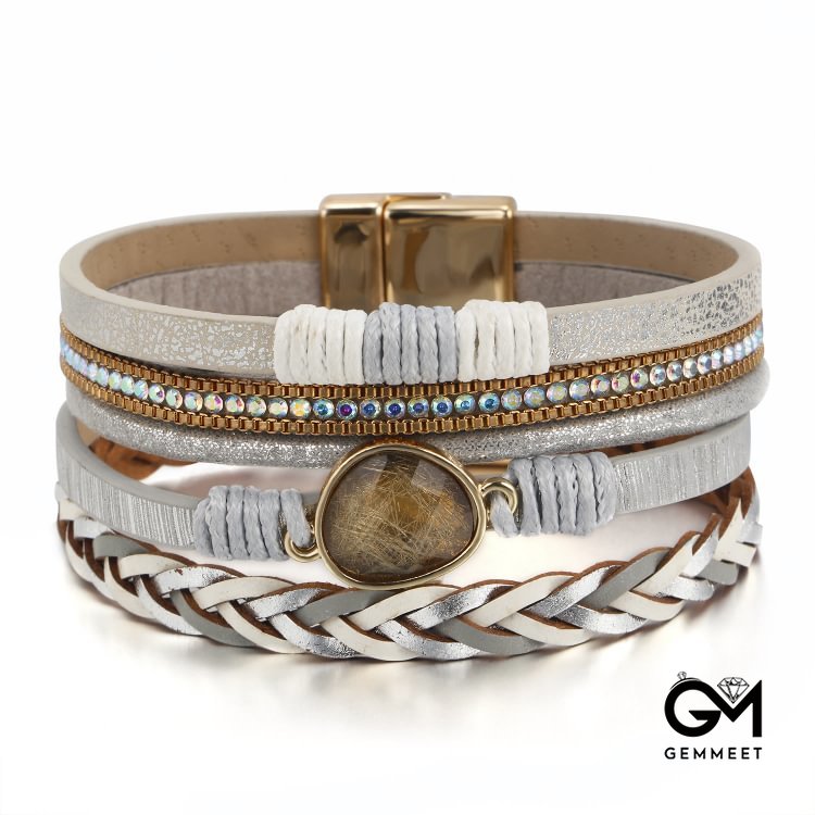 Golden Rutilated Quartz Woven Multi-layered Leather Bracelet