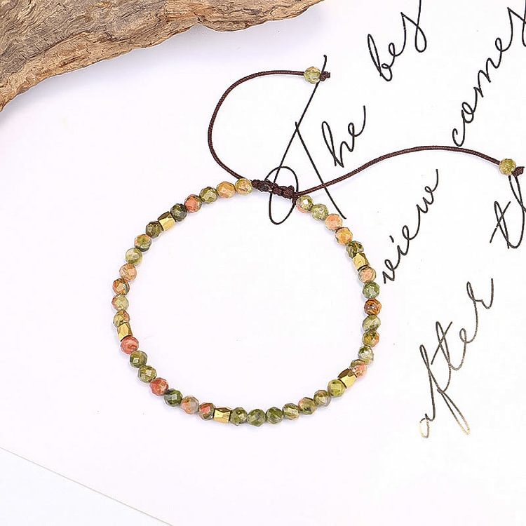 Faceted Unakite Beaded Braided Adjustable Bracelet