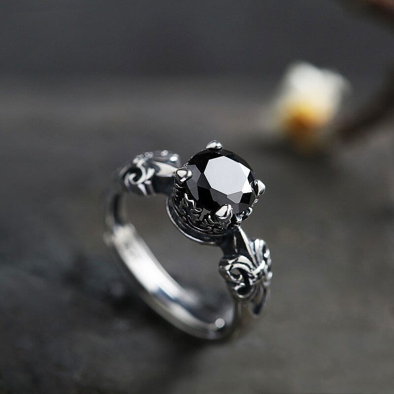 Retro Flower Prong Setting Obsidian Couple Ring