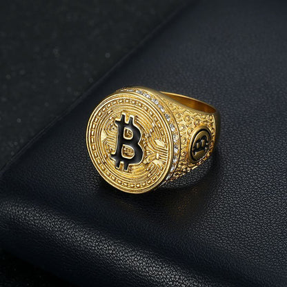 Hip-hop Ring Titanium Steel Gold-plated Inlaid Cubic Zirconia B Letter Bitcoin HIPHOP Men's Ring