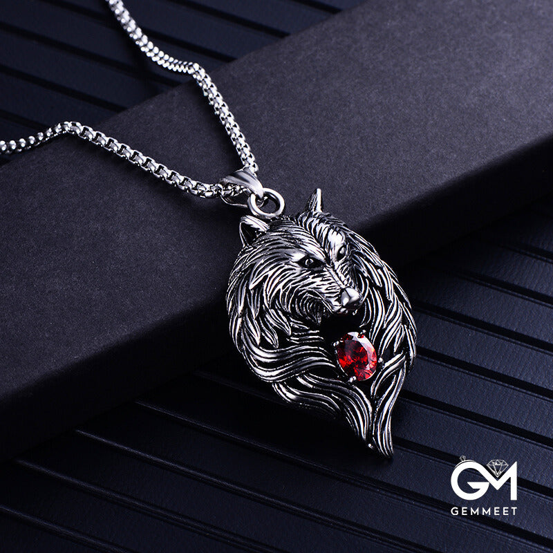 Titanium Steel Red Blue Zircon Wolf Head Necklace