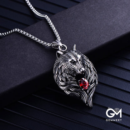 Titanium Steel Red Blue Zircon Wolf Head Necklace