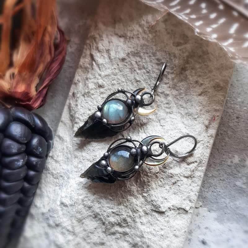 Mystery Witch Obsidian & Moonstone Earrings