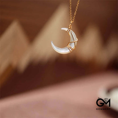 Tridacna Stone Crescent Moon Blessing Necklace Pendant