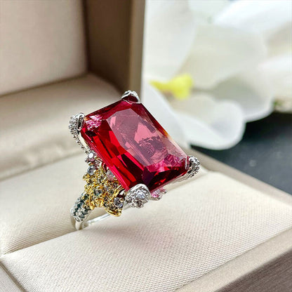 Flower Dance Rose Red Diamond Camellia Open Ring Imitation Natural Color Treasure Rupee Red Tourmaline Ruby Ring