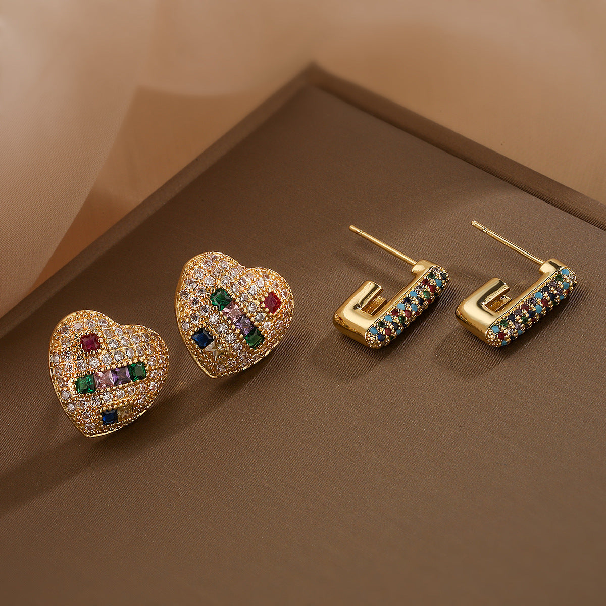 Color Stones Heart & J Shape Stud Earrings