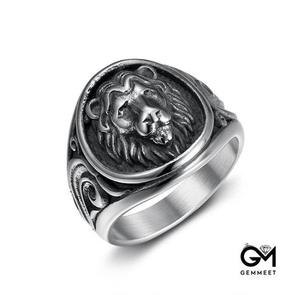 Vintage Punk Animal Lion Head Grass Pattern Men's Ring