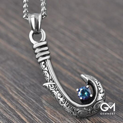 Stainless Steel Fishing Hook Blue Zircon Necklace