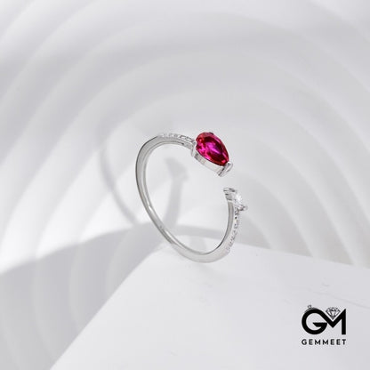 S925 Sterling Silver Rose Red Zircon Heart Open Ring