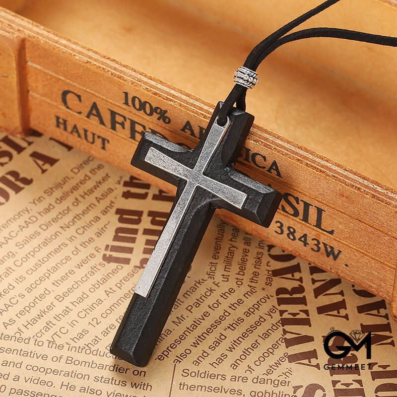 Double Alloy Wood Cross Necklace