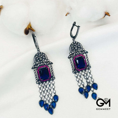 Square Hollow Blue Stone Tassel Drop Earrings