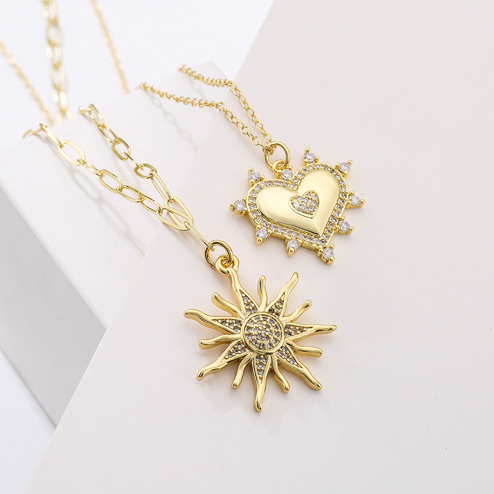 Golden Sun & Heart Pendant Necklace