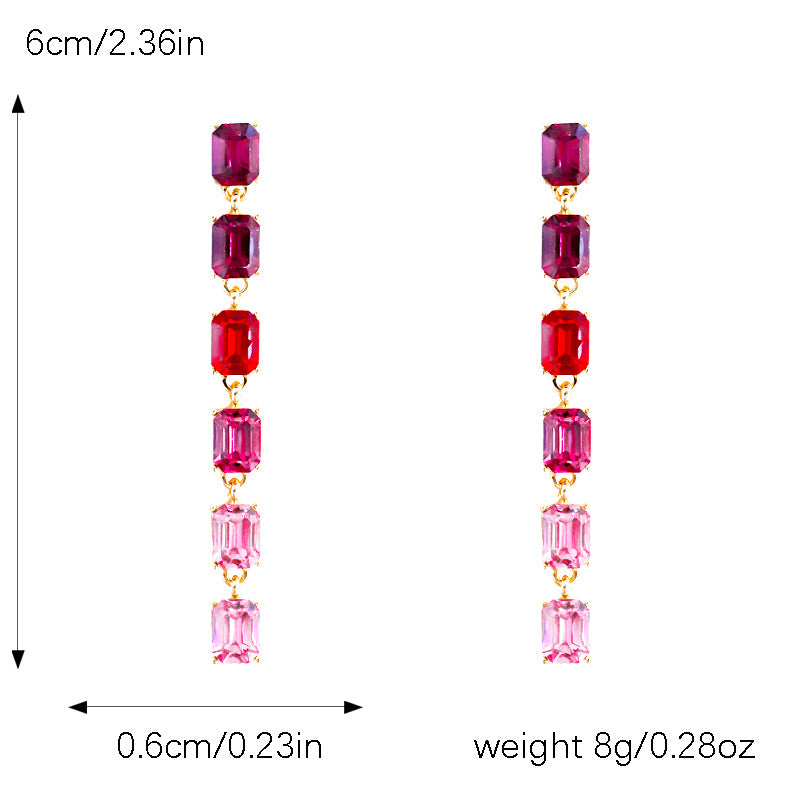 Multi-layered Rectangular Long Tassel Earrings with Colored Zircons