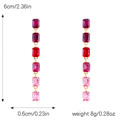 Multi-layered Rectangular Long Tassel Earrings with Colored Zircons