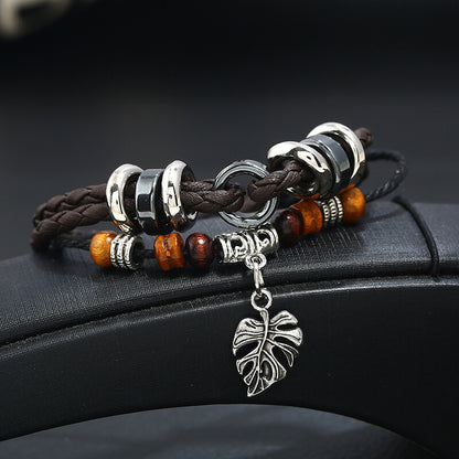 Layered Braided Leaf Pendant Men's Bracelet