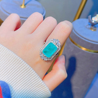 Luxurious Full-diamond Paraiba Color Treasure Open Ring Imitation Natural Cotton Emerald Ring