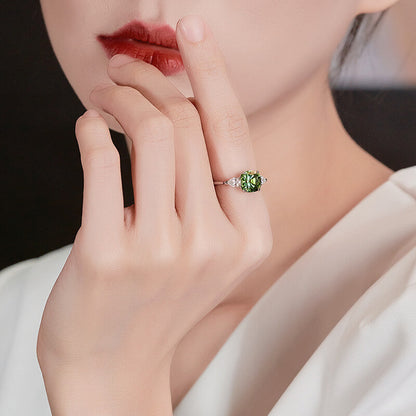 Imitation Natural Green Tourmaline Square Diamond Temperament Beautiful Colorful Treasure Open Ring