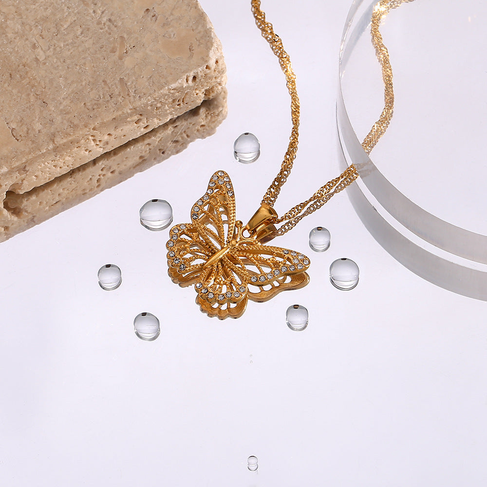 Water Wave Chain Hollowed Out Zircon Butterfly Necklace