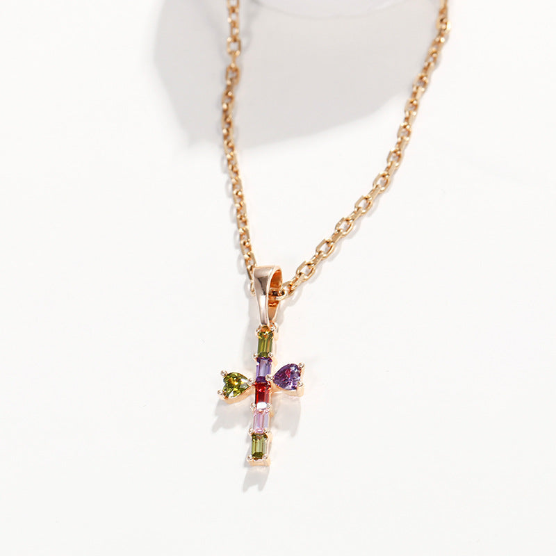 Colored Zircon Cross Clavicle Chain for Women