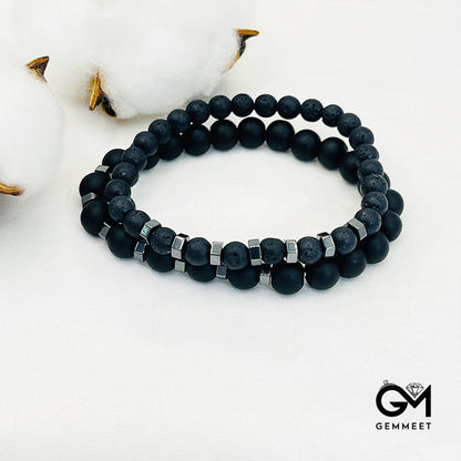 Bead Lava Stone Mens Stretch Set Bracelet