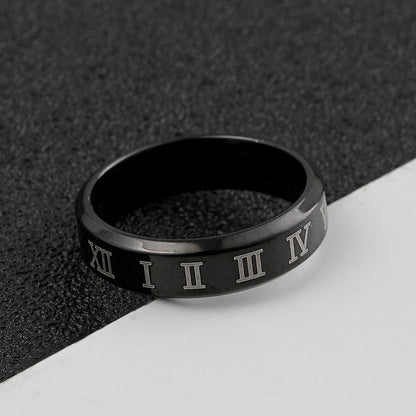 Simple Black Stainless Steel Roman Numerals Ring