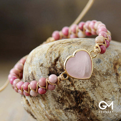 Heart Shape Rose Quartz Stone Beaded Bracelet