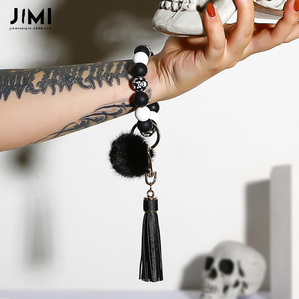 Halloween Ethnic Bracelet Key Ring Decompression Silicone Bead Ball Tassel Ghost Head Skull Bracelet Keychain